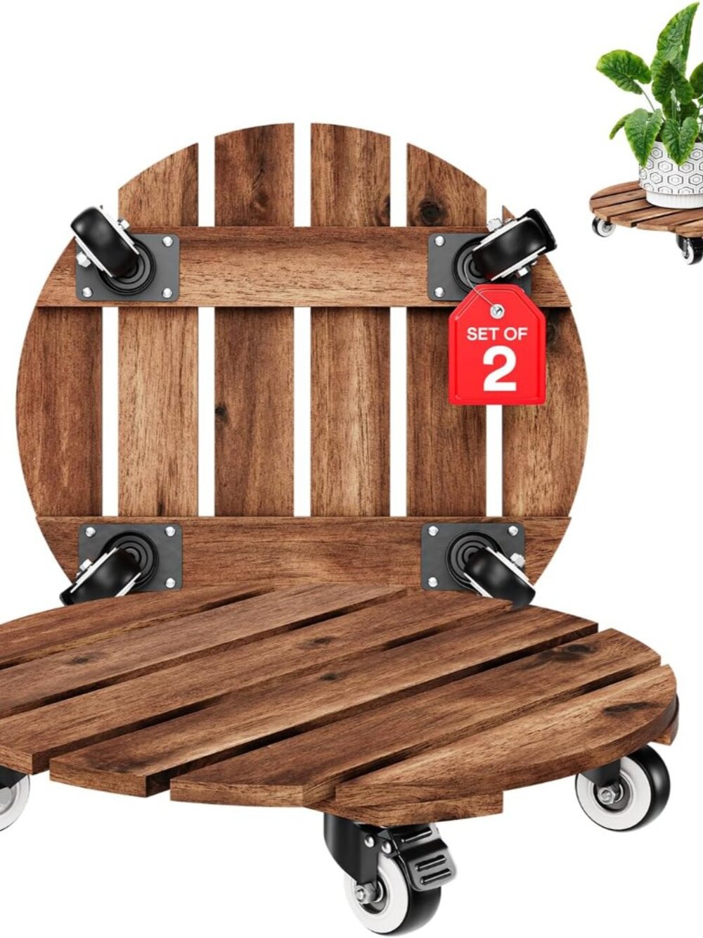 2pack Wood Plant Caddy With Wheels Heavy Duty Red Brown, 264 Lbs Capacity, 12 In